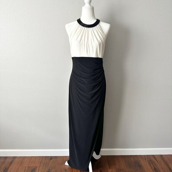 LRL Black & Cream Jersey Knit Draped Halter Formal Midi Dress Women’s Size 14 - Picture 1 of 14